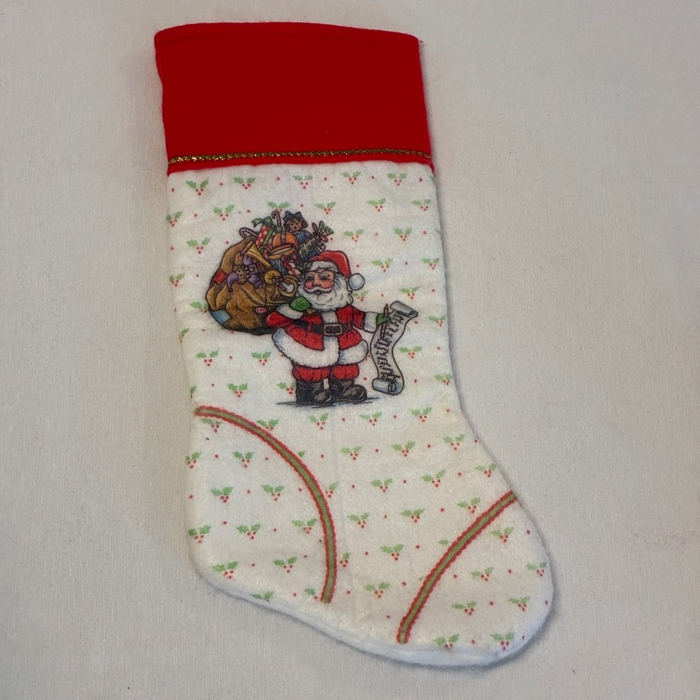 Vintage Christmas Stocking Santa Claus Holly Print‎ Red Cuff Plush Holiday Decor